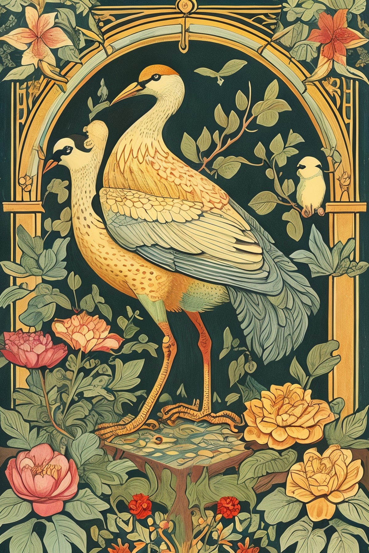 masterpiece,best quality,<lora:tbh132-:0.8>,patten,birds,flower,illustration,painting,style of Walter Crane,